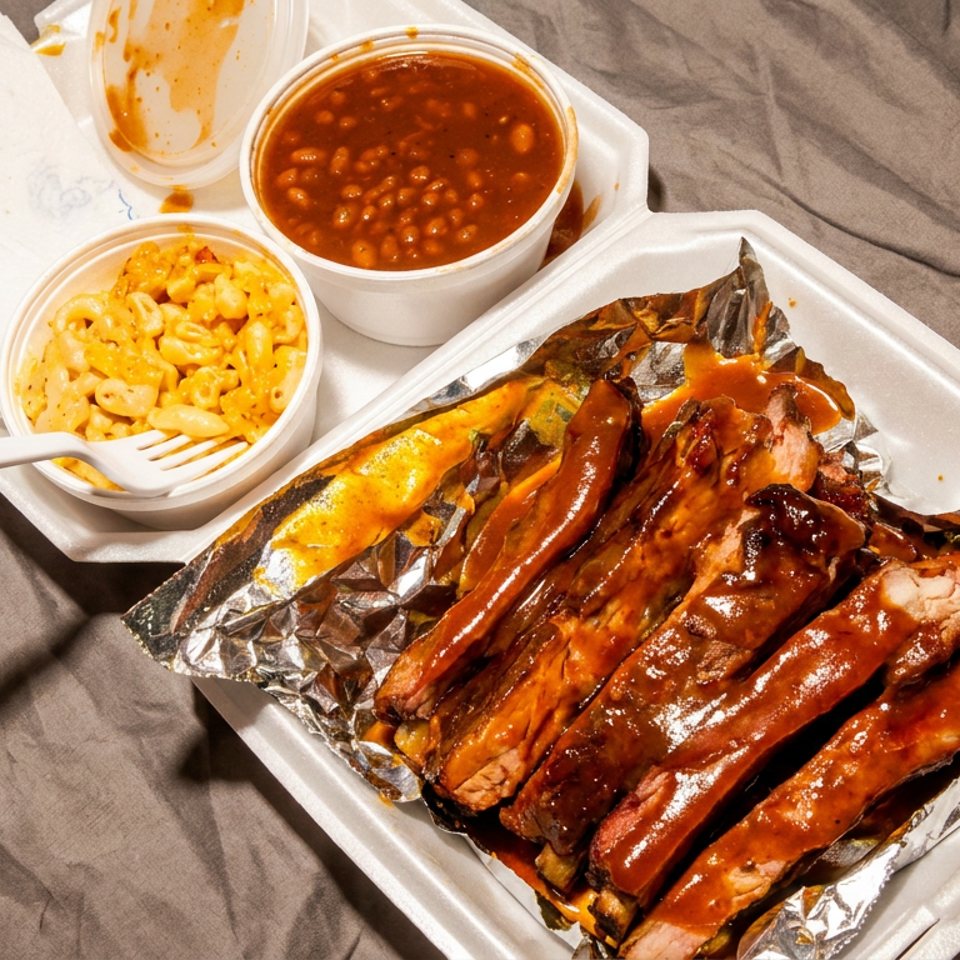Saucy BBQ ribs, mac and cheese, and baked beans in a takeout container.