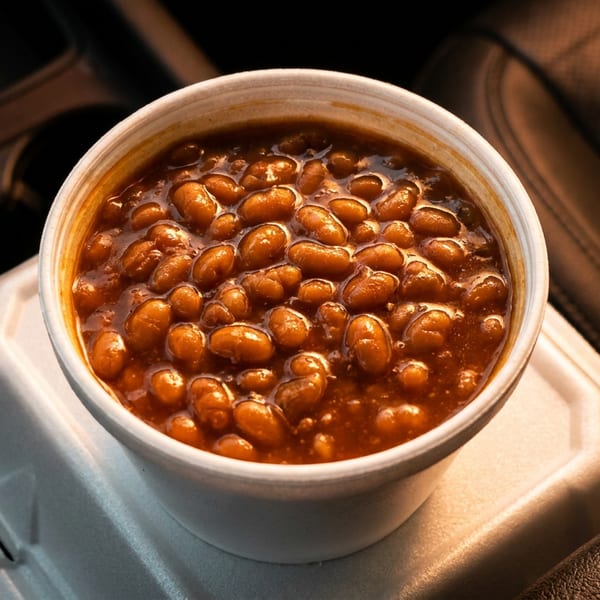 A white cup of baked beans on a takeout container inside a car interior.