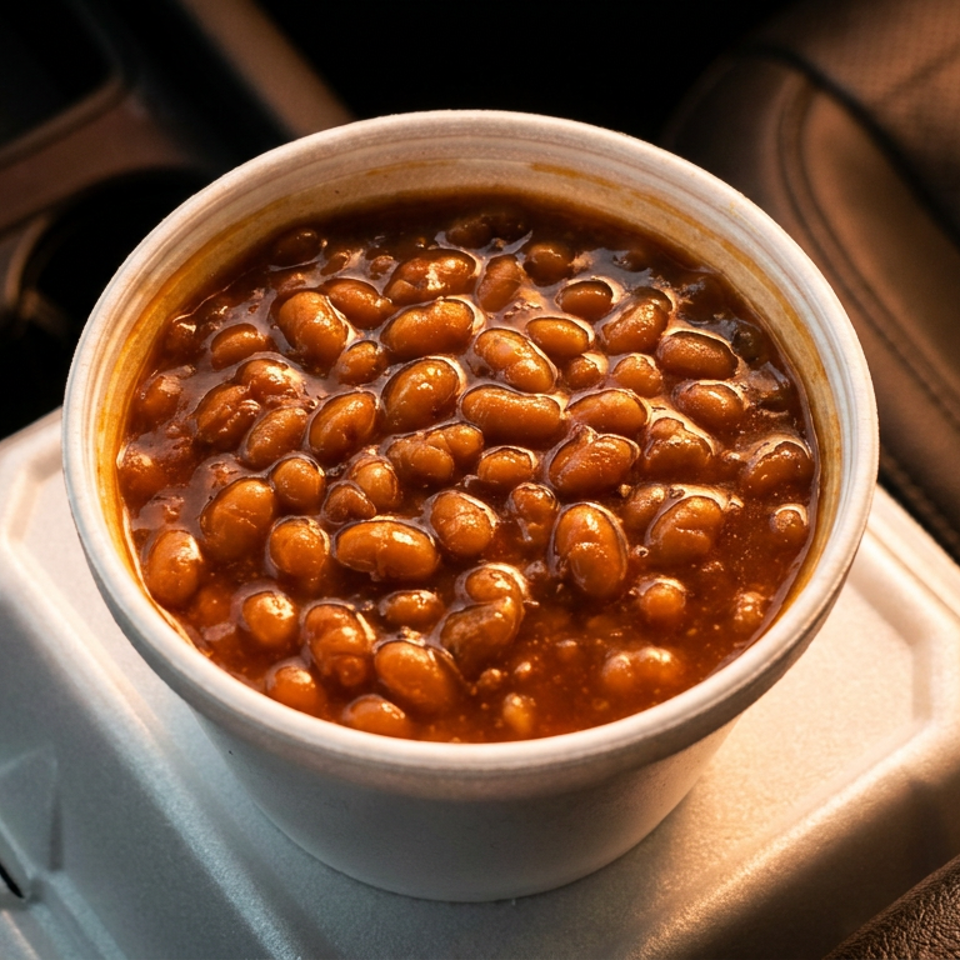 A white cup of baked beans on a takeout container inside a car interior.