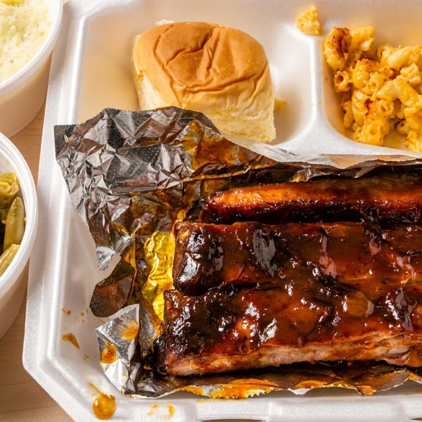 BBQ ribs with macaroni and cheese, a bun, green beans, and potato salad in takeout containers.