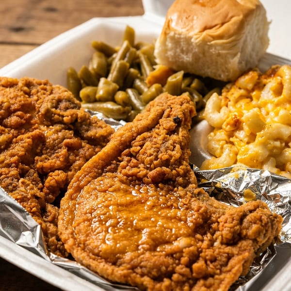 Fried chicken, mac and cheese, green beans, and a roll in a white takeout container on wood.