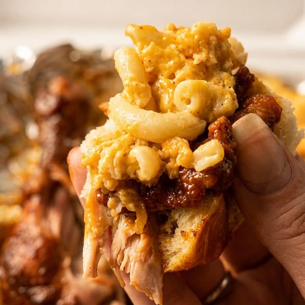 Hand holding a pulled pork sandwich topped with mac and cheese and BBQ sauce.